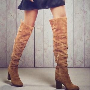 Sam Edelman Over the Knee Suede Boots Womens 8M Tan Block Heel Crisscross Wrap